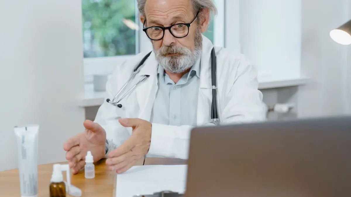 A veterinarian examines a supplement label while a senior dog rests on the exam table