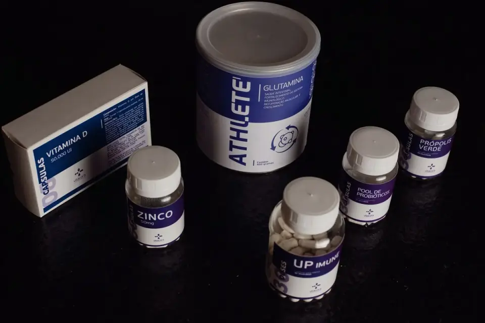 Close-up of a dog supplement label showing a quality-seal icon